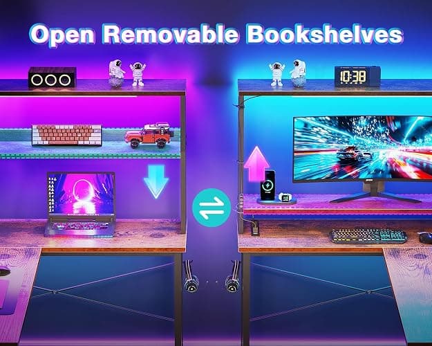 AODK L Shaped Desk Gaming Desk with LED Light & Power Outlet, 53 Inch Reversible L Shaped Computer Table with Shelf & Storage Bag & Hook for Home Office, Vintage thumbnail 6