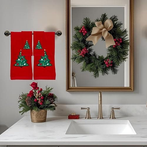 Serafina Home Christmas Red Bathroom Hand Towels, 2 pc Set, 16 x 25, Elegant Christmas Tree, 100% Cotton Velour Terry, Holiday Decor for Bath and Kitchen thumbnail 10