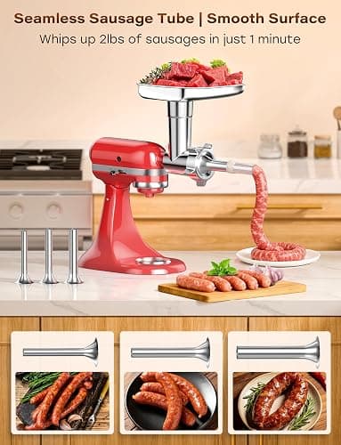 100% Polished Stainless Steel Meat Grinder Attachment for KitchenAid Mixer, Dishwasher Safe Food Grinder Attachment Anti-Corrosion, 18-Piece Set Includes 3 Seamless Sausage Stuffers, 4 Grinding Plates thumbnail 3