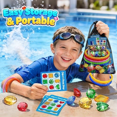 DISHIO Pool Diving Toys for Kids, Underwater Treasure Hunt Game with Pirate Chest, Diving Rings, 56PCS Gems, 40PCS Game Bingo Cards and Mesh Bag Swimming Pool Games Summer Toys for Boys Girls 4-12 thumbnail 6