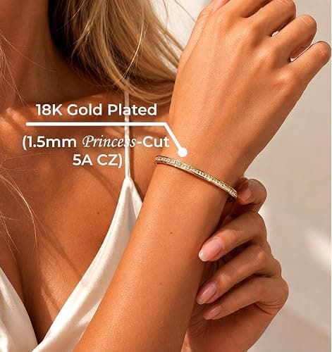 Ruvel 18K PVD Gold Plated Cubic Zirconia Bangle Bracelet for Women, Trendy, Minimalist, Dainty Thin Bangles, Waterproof, Stainless Steel, Everyday Women Gift for Mom Sister Daughter Girlfriend thumbnail 4