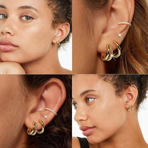Gold Hoop Earrings Set for Women, 14K Gold Plated Small Double Hoop Earrings Set for Multiple Piercing, Dainty Huggie Earring for Women thumbnail 3