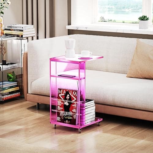 Clear Acrylic Side Table on Lockable Wheels, C Shaped End Table for Sofa, Small Coffee Tables for Small Spaces (Pink) thumbnail 4