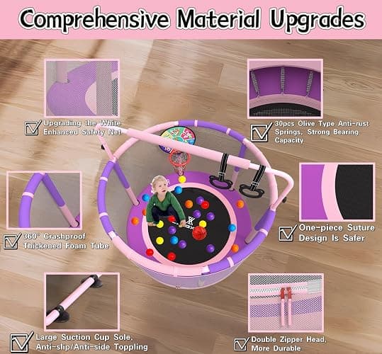 LANGXUN 60" Trampoline for Kids, 5ft Toddler Mini 6-in-1 Trampoline Indoor Outdoor with Swing, Basketball Hoop, Dart Board, Gymnastics Bar, Rings, Christmas Toys Birthday Gifts for Girls Boys Age 1-8 thumbnail 5