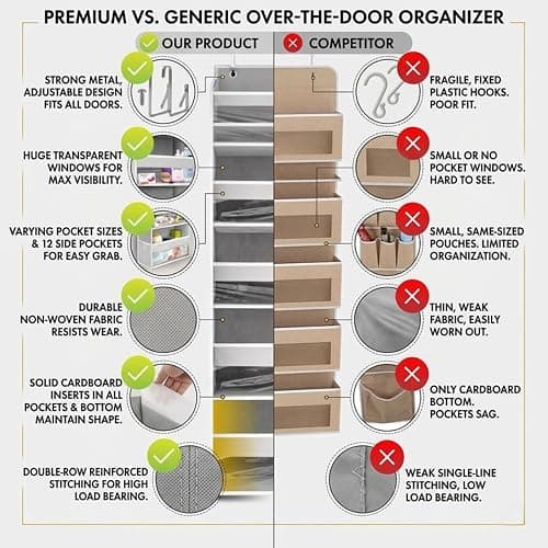 HOMELUX THEORY UPGRADED 6 Tiers Over The Door Organizer Hanging - 100D EXTRA THICK & 50lbs HUGE CAPACITY, 12 Side Mesh Pockets Over The Door Shoe Organizer, Hanging Closet Organizer (Ivory, 1pc) thumbnail 3