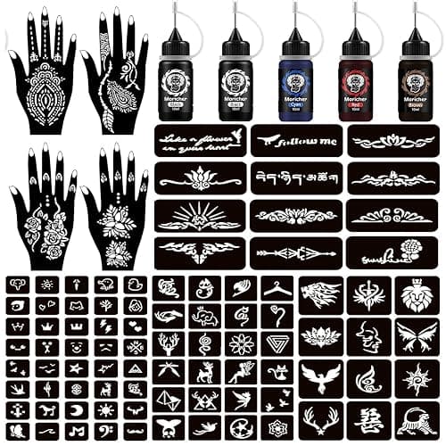 Moricher Henna tattoo kit Temporary Tattoo Kits 5 cones 96 Stencils Gifts for DIY Art Party - Image 1
