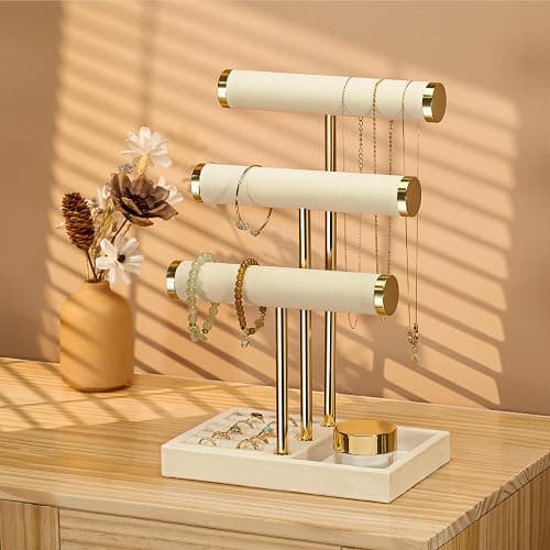 3 Tier Bracelet Holder Display - Beige Velvet Jewelry Organizer Stand, Detachable T Bar Jewelry Holder for Bracelet, Necklace, Watches, Rings thumbnail 2
