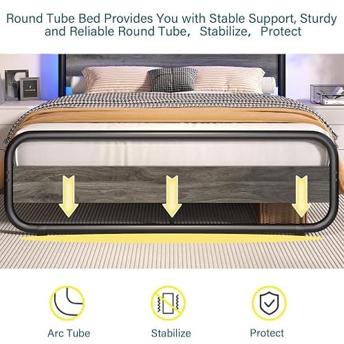 Catrimown Queen Bed Frame with LED Lights, Heavy Duty Metal Rustic Platform Bed Frame Queen Size, with Headboard, Under Bed Storage, Noise Free, No Box Spring Needed, Wash Gray thumbnail 7