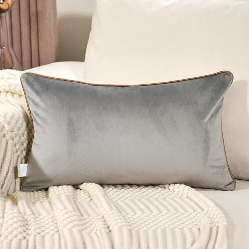 Aeckself Gray Gold Velvet Lumbar Throw Pillow Cover 12 x 20 Inch, Embroidery Rectangle Modern Plaid Accent Pillow Cover with Stitched Edge Decorative Oblong Cushion Case for Couch Living Room Bedroom thumbnail 2