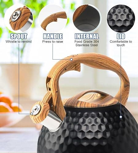 Foedo 3.2Qt Stainless Steel Whistling Tea Kettle Stovetop, Black | Loud Whistling Spout, Cool Touch Wood Grain Handle, Rustproof Food Grade Steel, Compatible With All Stovetops thumbnail 4