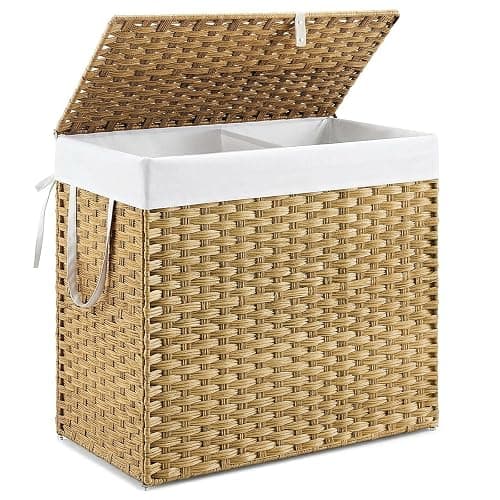 DUMOS Wicker Laundry Basket with Lid, 110L Woven Laundry Hamper with Handles, Foldable Rattan Clothes Hamper with Removable Liner & Sturdy Steel Frame, Goose Yellow thumbnail 2