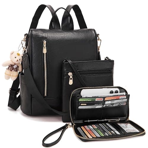Soperwillton Women Fashion Backpack Purse Anti-Theft Leather Shoulder Bag Travel Multi Pockets Handbag Wallet Set 3pcs - Image 1