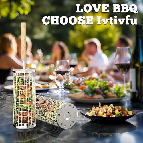 ivtivfu Rolling Grill Basket, Removable Wooden Handle, 304 Stainless Steel, Nesting BBQ Tools, Smoker Grilling Accessories for Vegetable, Outdoor Cooking Camping, Birthday Gifts for Men Dad Husband thumbnail 6