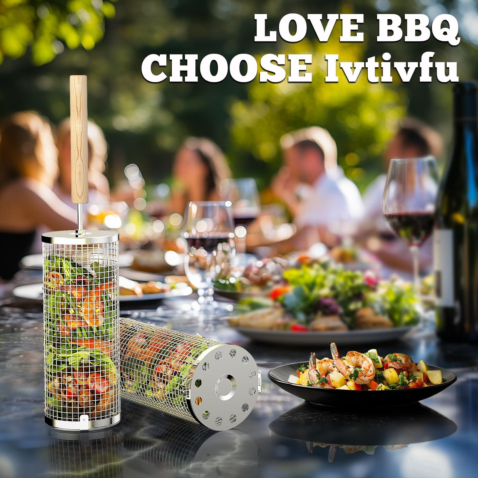 Rolling Grill Baskets, Removable Wooden Handle, 304 Stainless Steel, Nesting Grilling Net, BBQ Accessories Tools for Vegetables Shrimp, Outdoor Cooking Camping, Birthday Gifts for Men Dad Husband thumbnail 6