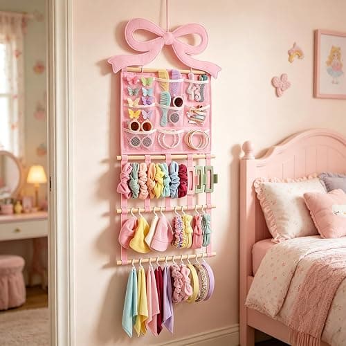 Ohmique Bow Organizer for Girls - Pink Bow Holder for Girls Hair Bows, Hair Clip Organizer Headband Storage Hanger Girl Headband Display Wall Mounted Accessories for Nursery Bedroom Girl Room thumbnail 8