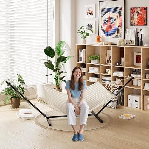 Sunvasagoo Hammock with Stand for Outside, 2-Person Outdoor Portable Hammock, 475lb Capacity + Breathable Cotton Rope & Quilted Pad, for Outside Garden Yard thumbnail 6