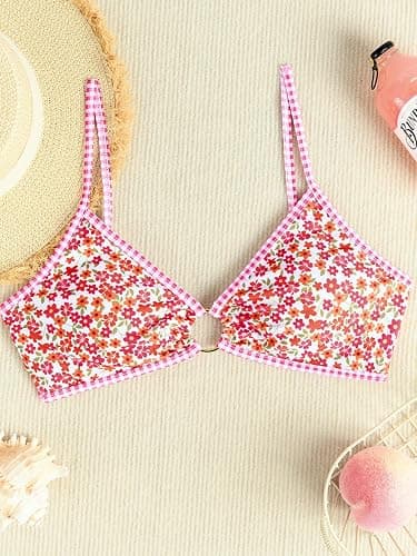 Tainehs Women's Two Piece Bikini Sets O Ring Front Top Ditsy Floral Triangle Swimsuits Cheeky Bathing Suit thumbnail 6