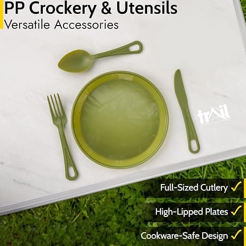 Trail Camping Cookware Set 11pc, 2 Person Outdoor Camp Cooking Kit, Non Stick Hard Anodised Aluminium, 1L Cook Pot, Frying Pan, Spatula, Plates, Cutlery Sets, Lightweight Portable Stackable with Bag thumbnail 5