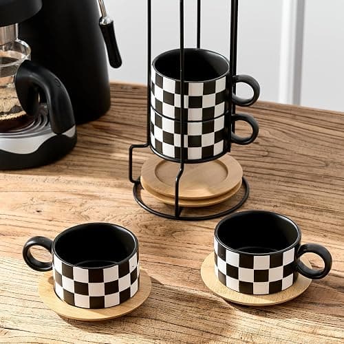 LUKA 6 Ounce Ceramic Stackable Black and White Checkered Espresso Cups with Saucers and Metal Stand Set of 4, Cappuccino Cups Set for Coffee Drinks, Latte, Cafe Mocha and Tea, Black Interior thumbnail 6