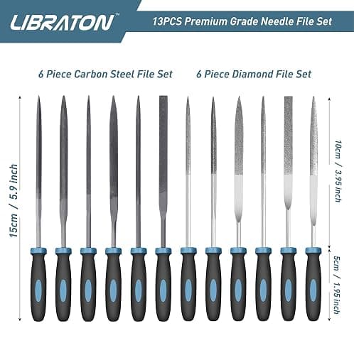 LIBRATON Small File Set, Needle Diamond Files 13PCS, 6pcs Jewlers & 6 Steel for Precision Metal Work, Wood, Woodworking, Plastic Carving Tool with Brush and Carry Case thumbnail 2