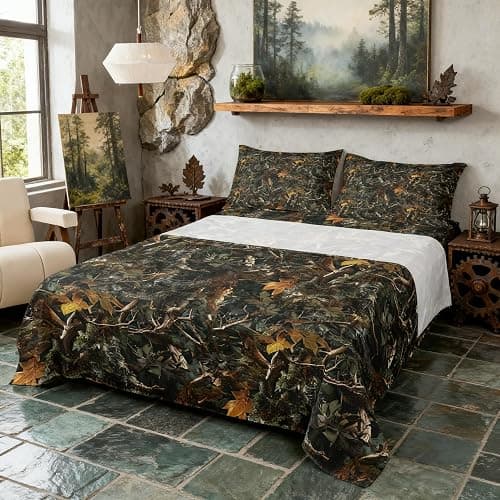 Natural Bed Sheets 4 Pcs Full Size for Room Decor Forest Woods Deep Pocket,1 Fitted Sheet 1 Flat Sheet 2 Pillowcases,Nature Camo Tree Leaves Bedding Set,Green - Image 1