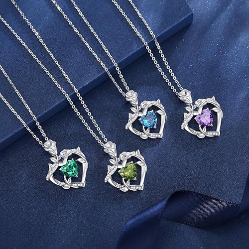AGVANA Christmas Gifts Rose Birthstone Necklace for Women Sterling Silver Rose Flower Heart Necklace Fine Jewelry Anniversary Birthday Gifts for Women Wife Mom Her, Length: 18"+2" thumbnail 5