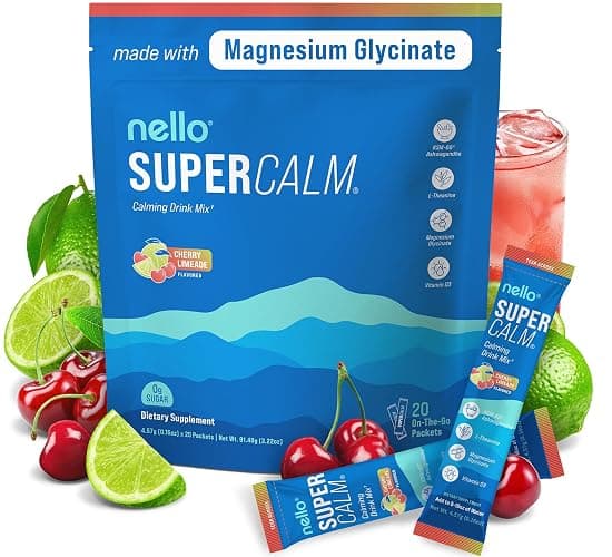 Nello Supercalm Powdered Drink Mix, Cortisol Reducer* and Sleep Aid Supplement, L Theanine, Ksm-66 Ashwagandha, Magnesium Glycinate, Vitamin D 3, No Sugar, Non GMO, On The Go, 20 Ct, Cherry Limeade - Image 1