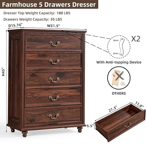 Joaxswe Farmhouse 5 Drawer Dresser for Bedroom, 45" Tall Rustic Chests of Drawers w/ 4 Solid Wood Feet, Mid Century Modern Wooden Closet Storage Dressers Organizer for Living Room, Hallway, Brown thumbnail 2