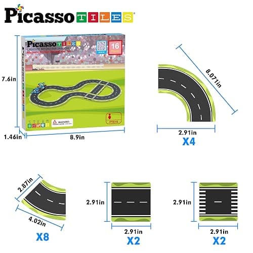 PicassoTiles Magnet Tile Car Track Adventure Theme Printed Street Road Runway Speedway Highway Magnetic Building Tiles Block Construction Pretend Play Playset STEM Education Learning Kit Kids 3+ PTE16 thumbnail 3