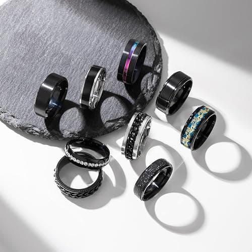 EIELO 9Pcs Stainless Steel Band Rings for Men Women Cool Fidget Spinning Chain Ring Anxiety Relief Fashion Simple Wedding Engagement Black Ring Set thumbnail 3
