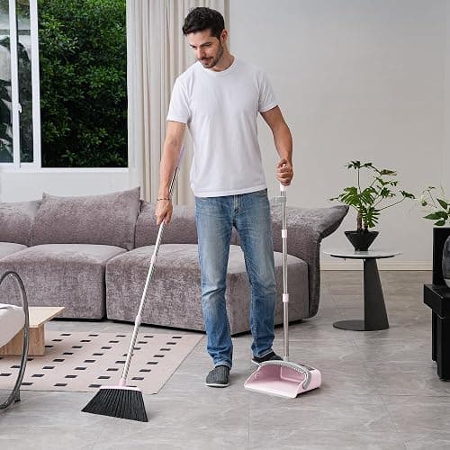 BSKLIN Broom and Dustpan Set, 54” Long Adjustable Handle Broom with Dustpan Combo Set Heavy Duty with Dust Pan Teeth to Clean Hair for Home Lobby Office (Medium Pink) thumbnail 2