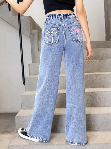 WDIRARA Girl's Bow Print Back Zipper Fly Elastic High Waist Denim Pants Basic Wide Leg Jeans thumbnail 6