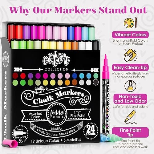 Loddie Doddie Liquid Chalk Markers - 24 Pack, 1mm Tip, Multicolor - Chalk Paint Finish - Vibrant Chalkboard Markers - Easy-Clean Wet Erase thumbnail 3