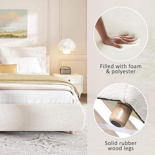 BEDGJH Cozy Queen Size Upholstered Platform Bed Frame with 2 Removable Pillow Headboards, Boucle Fabric, Perfect for Minimalist Bedrooms (White, Queen) thumbnail 4