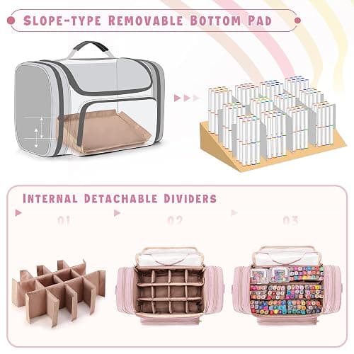 Rexmica Marker Organizer Bag for 180-300 Markers, Large Marker Storage Case with Detachable Divider for Adults, Markers Travel Holder Case Bag for Various Markers or Other Art Craft Supply, Pink thumbnail 4