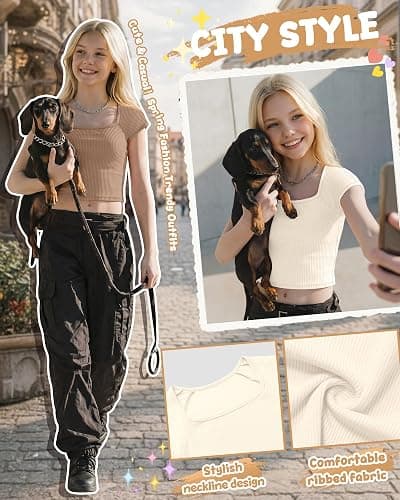 LessonZoo 4 Pack Girls Crop Tops Ribbed T Shirts | Back to School, Short Sleeve, Square Neck, Soft, Basic, Slim Fitted, Cute, Casual Tees, Teen, Youth, Ages 5-14 thumbnail 5