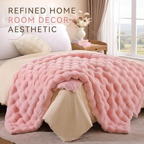 Smoofy Faux Rabbit Fur Throw for Couch - Blush Pink Bubble Blanket 50"x60" | Fluffy Plush Fuzzy Throw for Sofa & Bed, Super Soft Cozy Comfort Blanket, Luxury Aesthetic Pink Decor Gift for Women thumbnail 7
