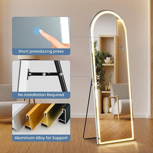 DUMOS Arched Full Length Mirror Lighted, 20"x63" LED Floor Standing Mirror | LED Lights 3 Color Lighting and Shatterproof Tempered Glass, Wall Hanging or Leaning, Floor Standing, Modern Home Decor thumbnail 5