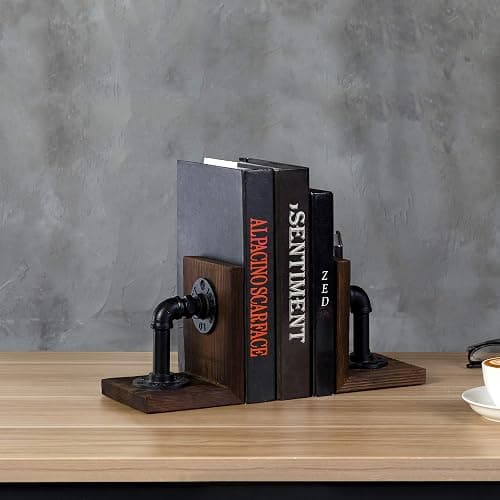 MyGift Book Ends Decorative, Bookends for Shelves, Metal Bookends for Heavy Books, Office Decor for Men, Wood Book Stopper, Realistic Industrial Pipe Design, Dark Brown thumbnail 9