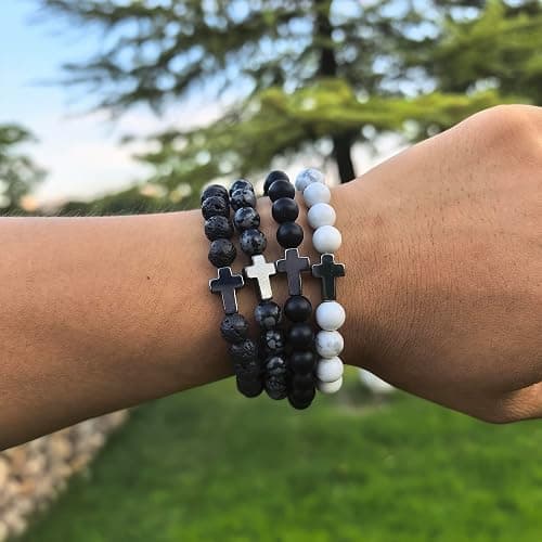 Crgwxzl Cross Bead Bracelet for Men Women,8mm Tiger Eye, Lava Rock, Black Obsidian Healing Crystal Beaded Bracelets,Natural Protection Stone Bracelets Jewelry Gifts for Men Women thumbnail 7