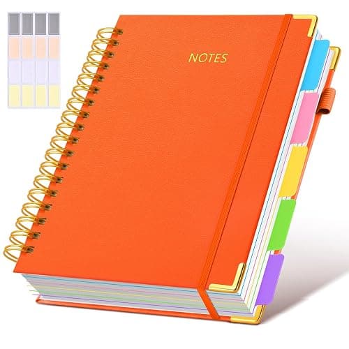 Hardcover Spiral Notebook Journal with Removable Dividers Tabs, 300 Pages Leather 5 Subject Notebook College Ruled, 8"x10" Large B5 Notebooks for Work School Note taking, Lined Journal for Women, Orange - Image 1
