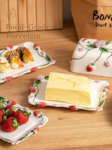 Ceramoira Cottage Strawberry Butter Dish w/ Lid & Knife, Artisanal Handmade | Large Butter Holder for Countertop, Ceramic Covered Butter Tray w/ Spreader, Fits 2 Sticks, Embossed Country Farmhouse Decor thumbnail 9