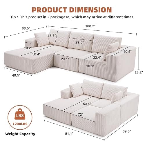 108” Modular Sectional Sofa, Cloud Sectional Couch with Deep Seat, Modern Modular L-Shape Sofa Couch with Chaise,Upholstered Boneless Couches for Living Room Bedroom (Beige, Left Facing Chaise) thumbnail 5