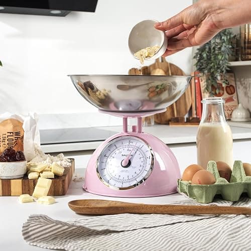 Salter Retro Pink Stand Mixer & Scale Set – 5L Electric Mixer with 8 Speeds & Pulse, Stainless Steel Removable Bowl, Includes Dough Hook, Wire Whisk, Beater, and 5kg Mechanical Kitchen Scale thumbnail 5