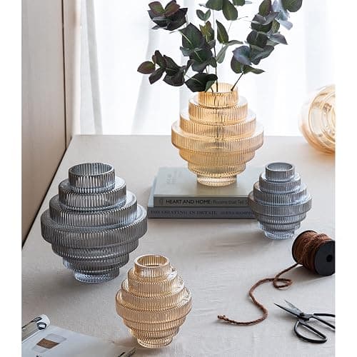 A&B Home Amber Fluted Geometric Vase - Tiered Decorative Glass Vase, Tabletop Home Decor, Bedroom Living Room Accent Piece Entryway Console Table Sideboard Flower Vase, 9" x 9" x 10" thumbnail 7