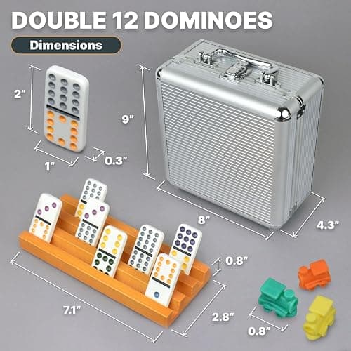 Queensell Mexican Train Dominoes Set with 8 Holders - Wooden Hub and Tiles Holders - Double 12 Tiles with Dots (D12 + 8 Holders) thumbnail 2