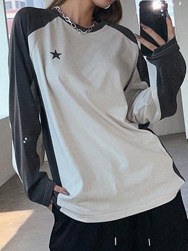 SHENHE Women's Color Block Crew Neck Star Graphic Raglan Shirt Loose Long Sleeve Tee Top thumbnail 7