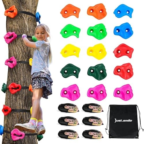 Just.smile Climbing Hold for Kids Outdoor-Ninja Tree Climbing Rocks 15 Pcs with 6 Ratchets-Climbing Grip Kits for Ninja Warrior Obstacle Course - Image 1