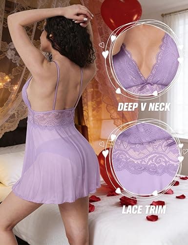 Crysevia Sexy Lingerie for Women - Black Lace Spaghetti Strap Babydoll Nightgown Chemise V Neck Sleepwear thumbnail 2