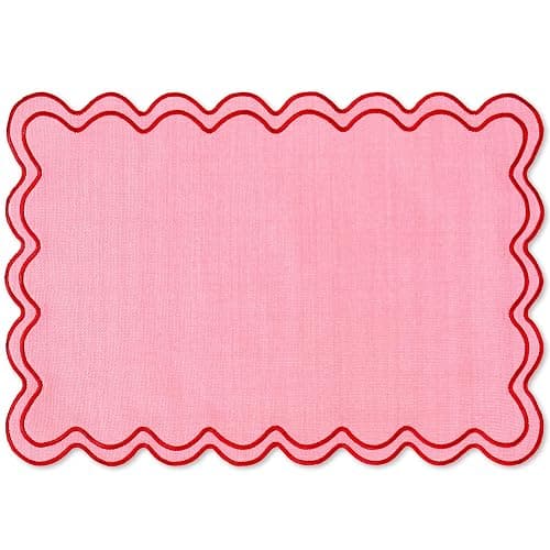 Whaline Pink Red Placemats Embroidered Scalloped Kitchen Place Mats for Wedding Baby Shower Party Home Dining Table Decor, Set of 6, 13 x 19 in - Image 1